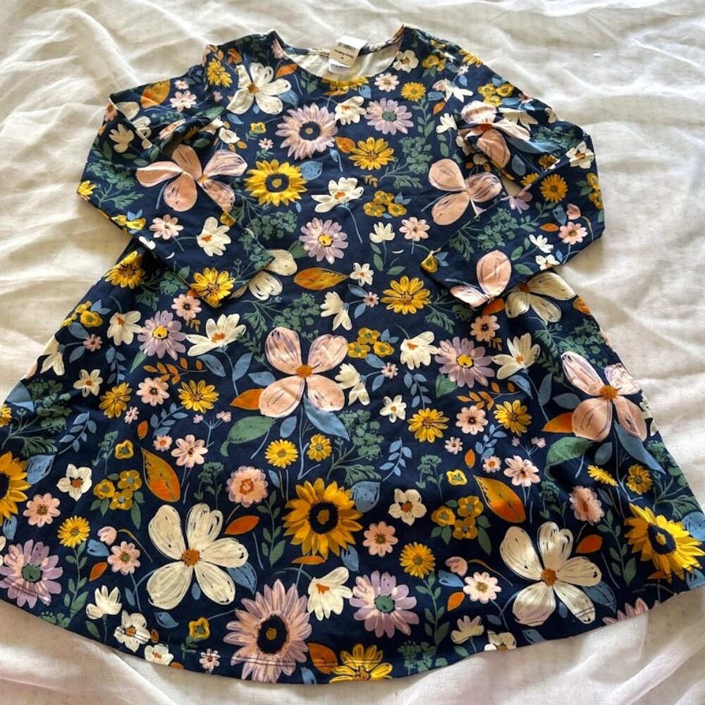 Hanna Andersson Blue Floral A-Line Swing Dress Pockets Long Sleeves Cotton 10